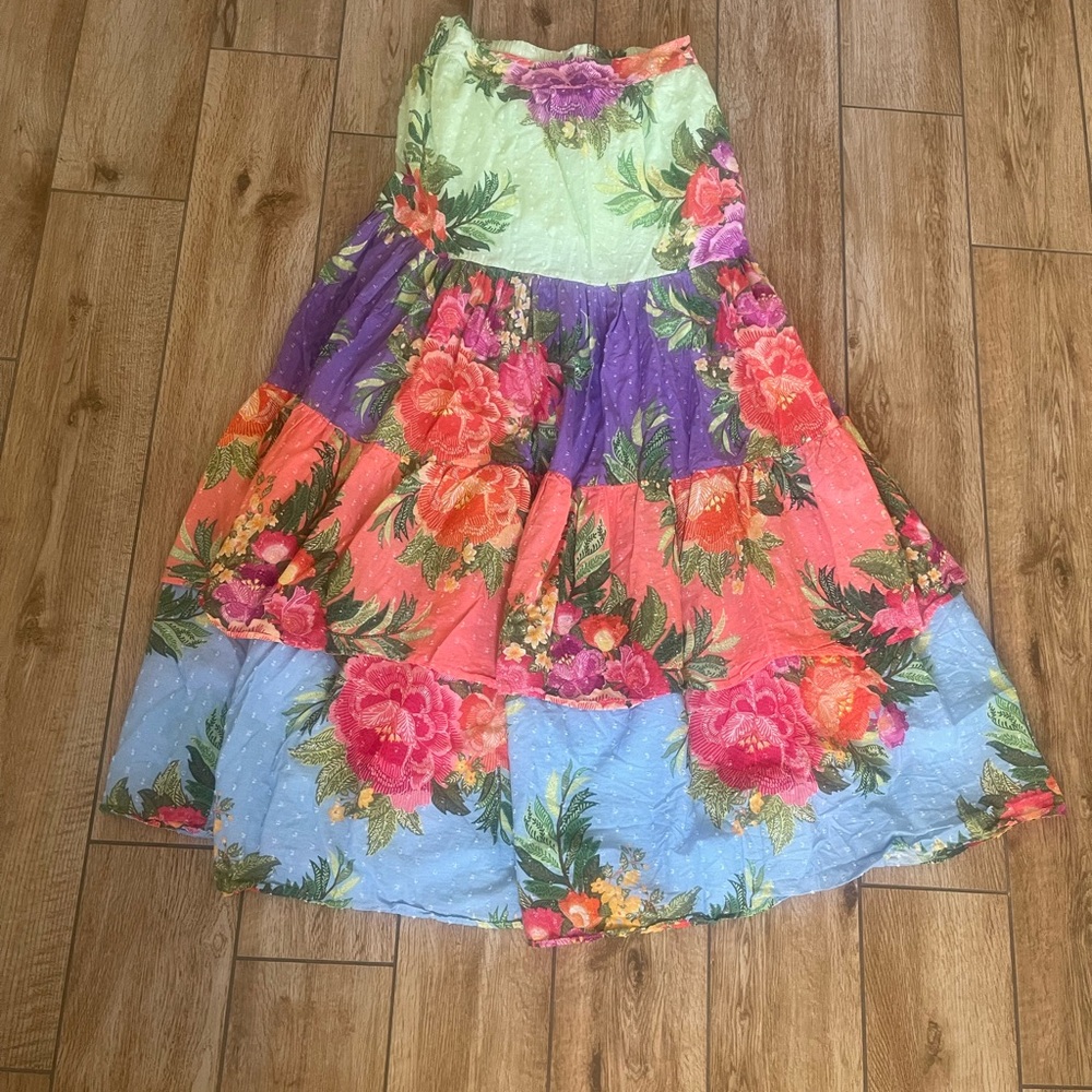 Farm Rio Anthropologie Orange and Green Tiered Maxi Skirt Resort Wear Size Small